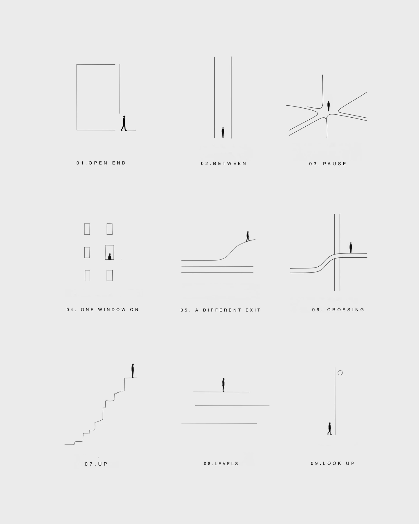 Hong Kong flash sheet, page one: nine fine-line designs, from 01 Open end to 09 Look up