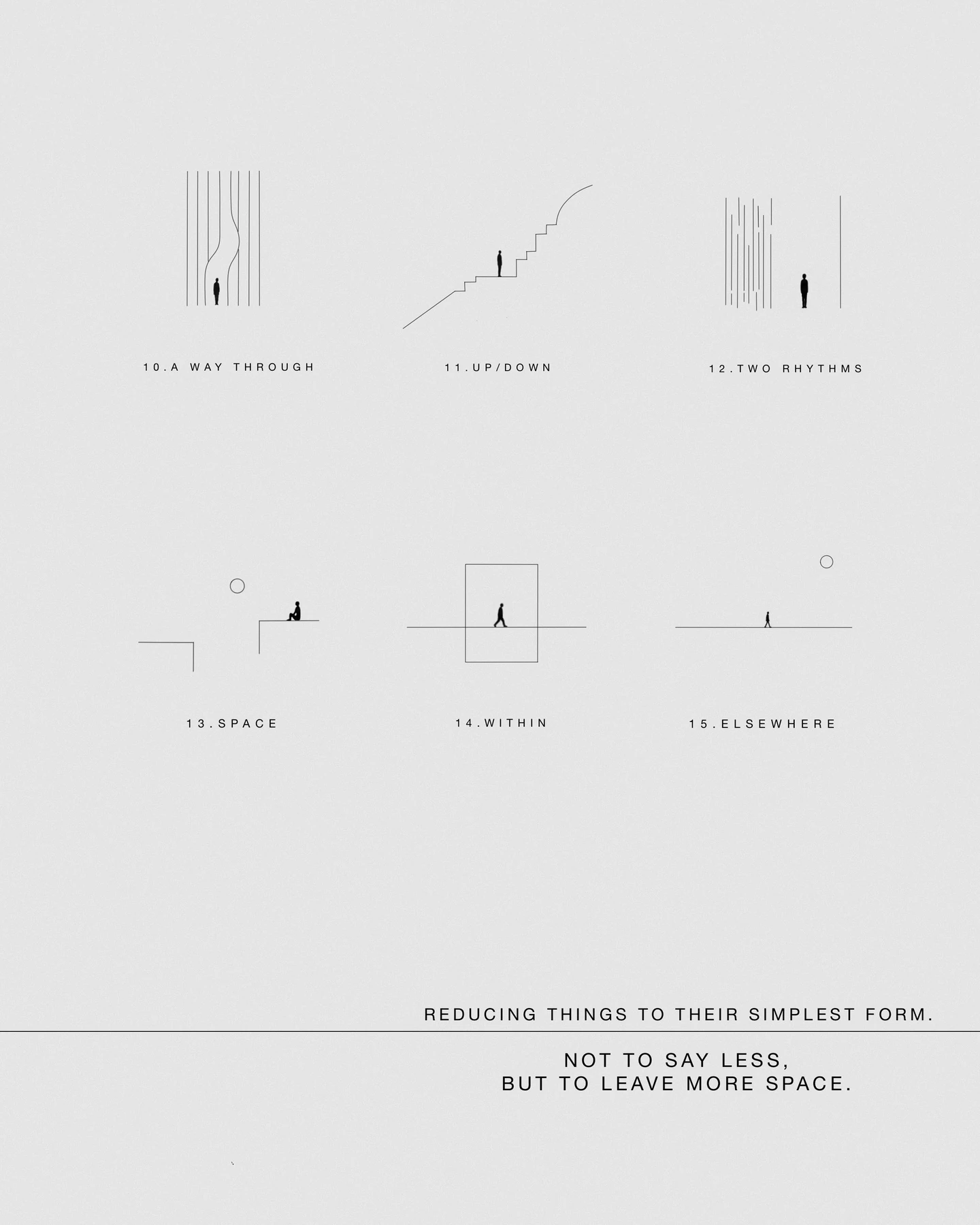 Hong Kong flash sheet, page two: six designs, from 10 A way through to 15 Elsewhere, with the note 'Reducing things to their simplest form'